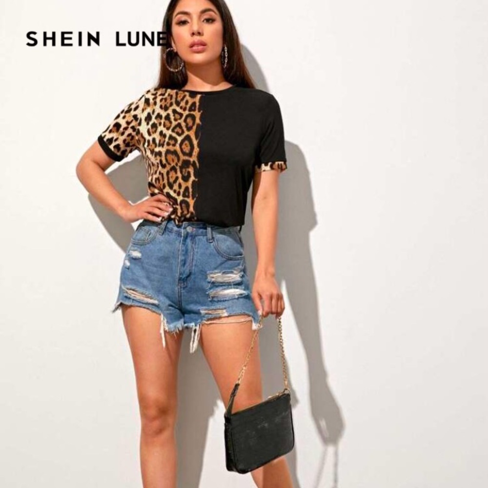 SHEIN Women Sz Small Leopard Print Colorblock Black T-Shirt Top Short Sleeve